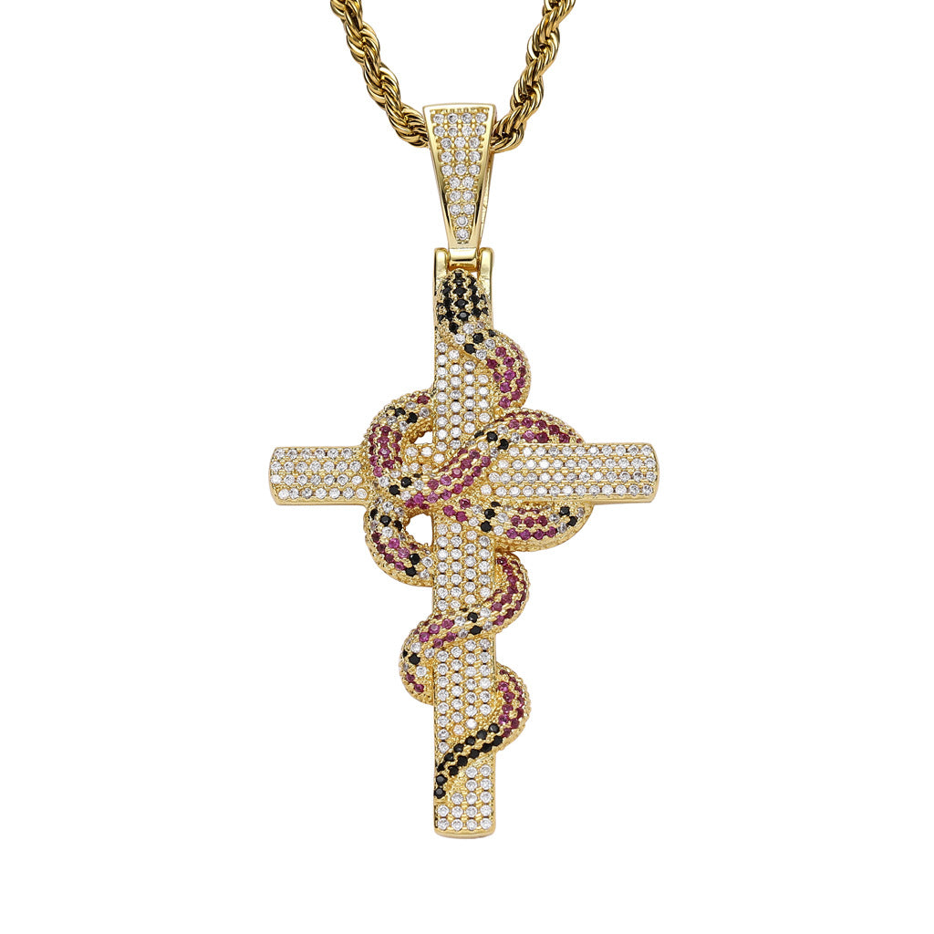 Iced Cross and Snake Pendant