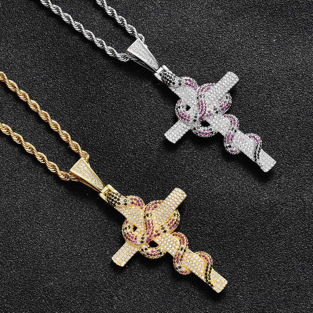 Iced Cross and Snake Pendant