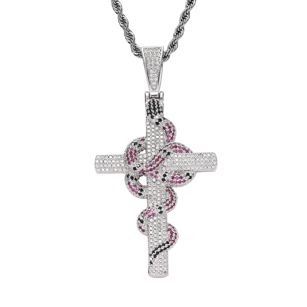 Iced Cross and Snake Pendant