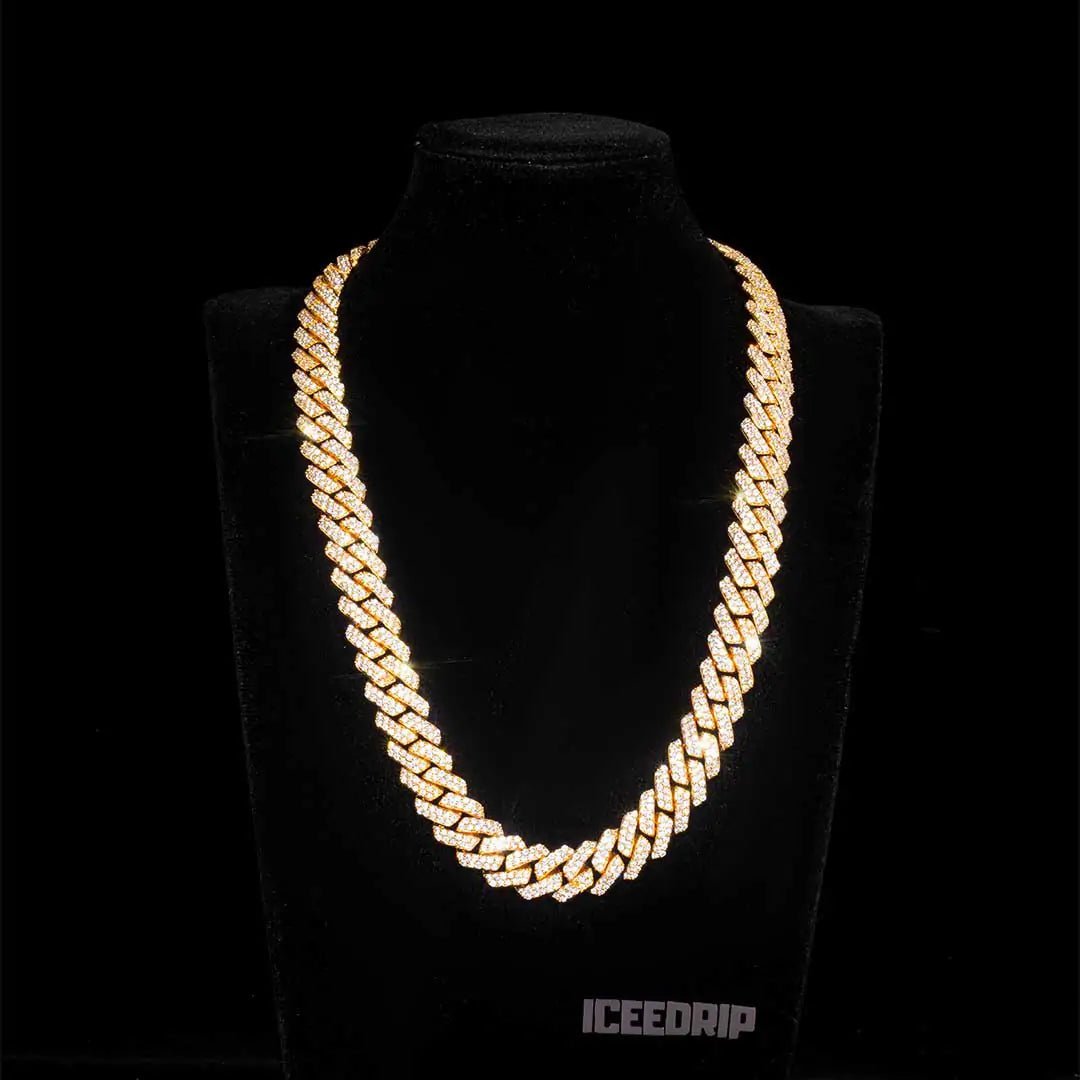 14MM 2 - Row Iced Out Prong Cuban Link Chain in Gold - ICEEDRIP