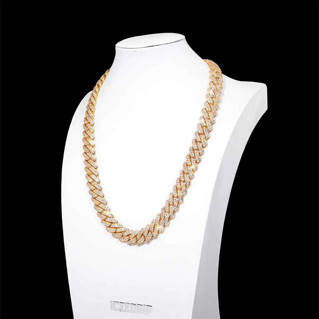 14MM 2 - Row Iced Out Prong Cuban Link Chain in Gold - ICEEDRIP