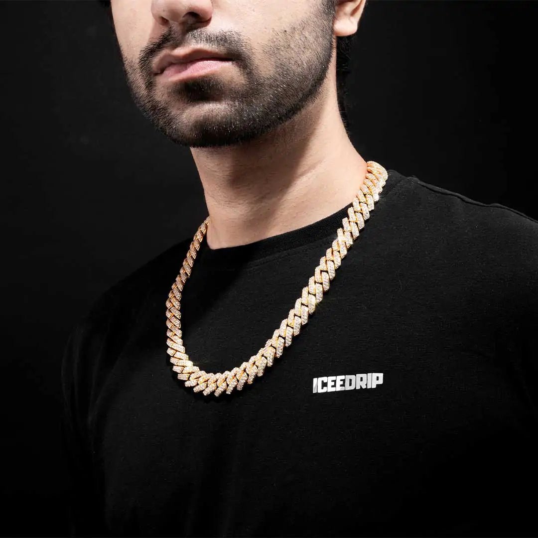 14MM 2 - Row Iced Out Prong Cuban Link Chain in Gold - ICEEDRIP