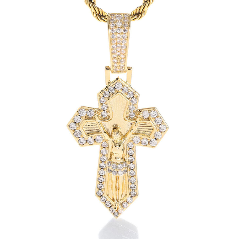 18K Gold Plated Jesus Crucifix Baguette Cross Necklace