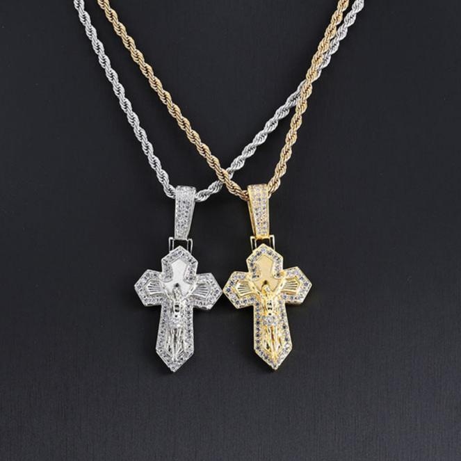 18K Gold Plated Jesus Crucifix Baguette Cross Necklace