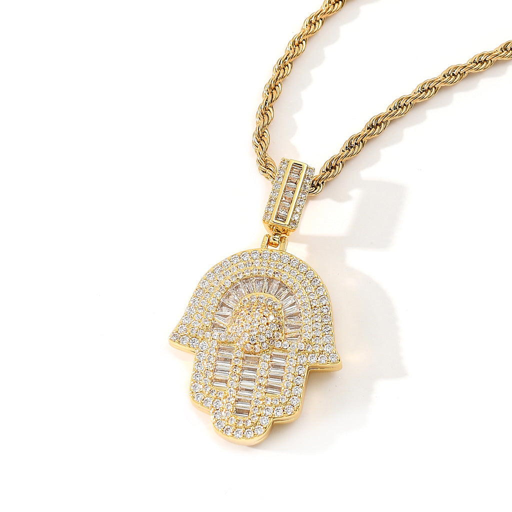 18K Gold Baguette Hamsa Hand Pendant