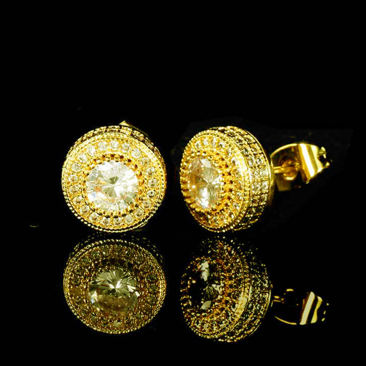 925 Sterling Gold-Plated/Silver Iced Round Shape Hip Hop Earrings