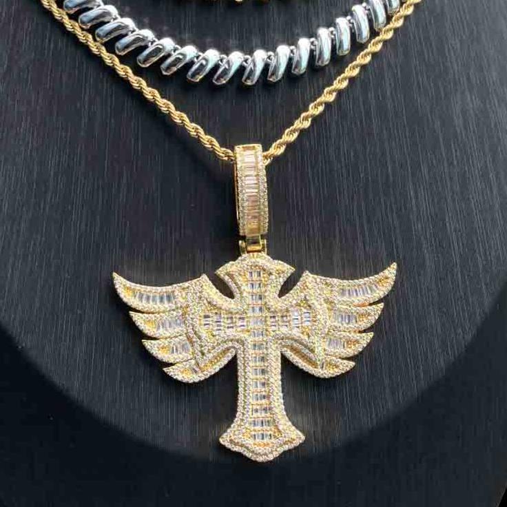 New Baguette Iced Cross With Wing Pendant