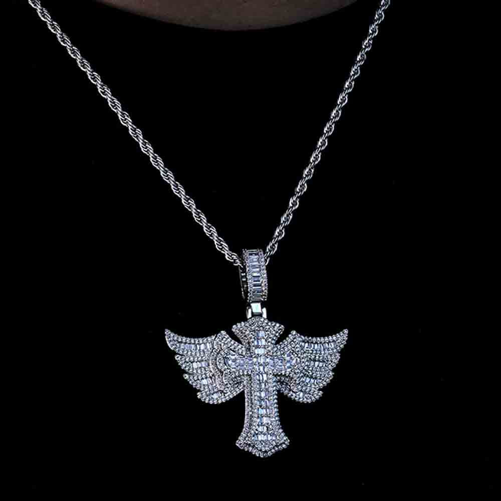 New Baguette Iced Cross With Wing Pendant