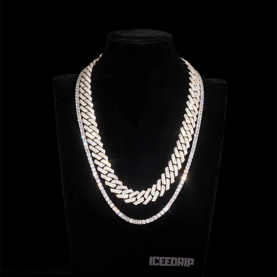 Bundle 14MM 2-Row Prong Cuban Link Necklace+4MM Tennis in White Gold ICEEDRIP