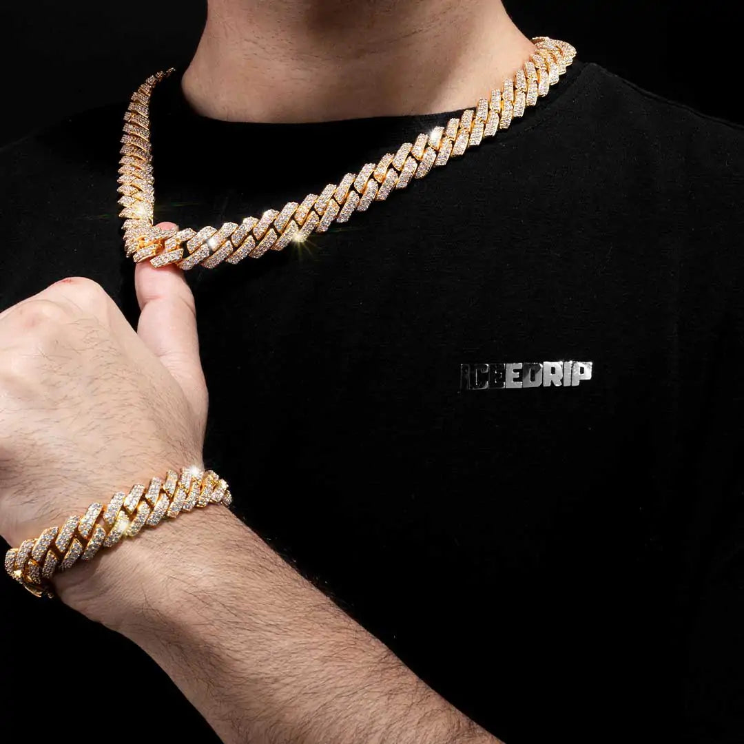 Bundle 14MM 2-Row Prong Cuban Link Necklace+Bracelet in Gold ICEEDRIP