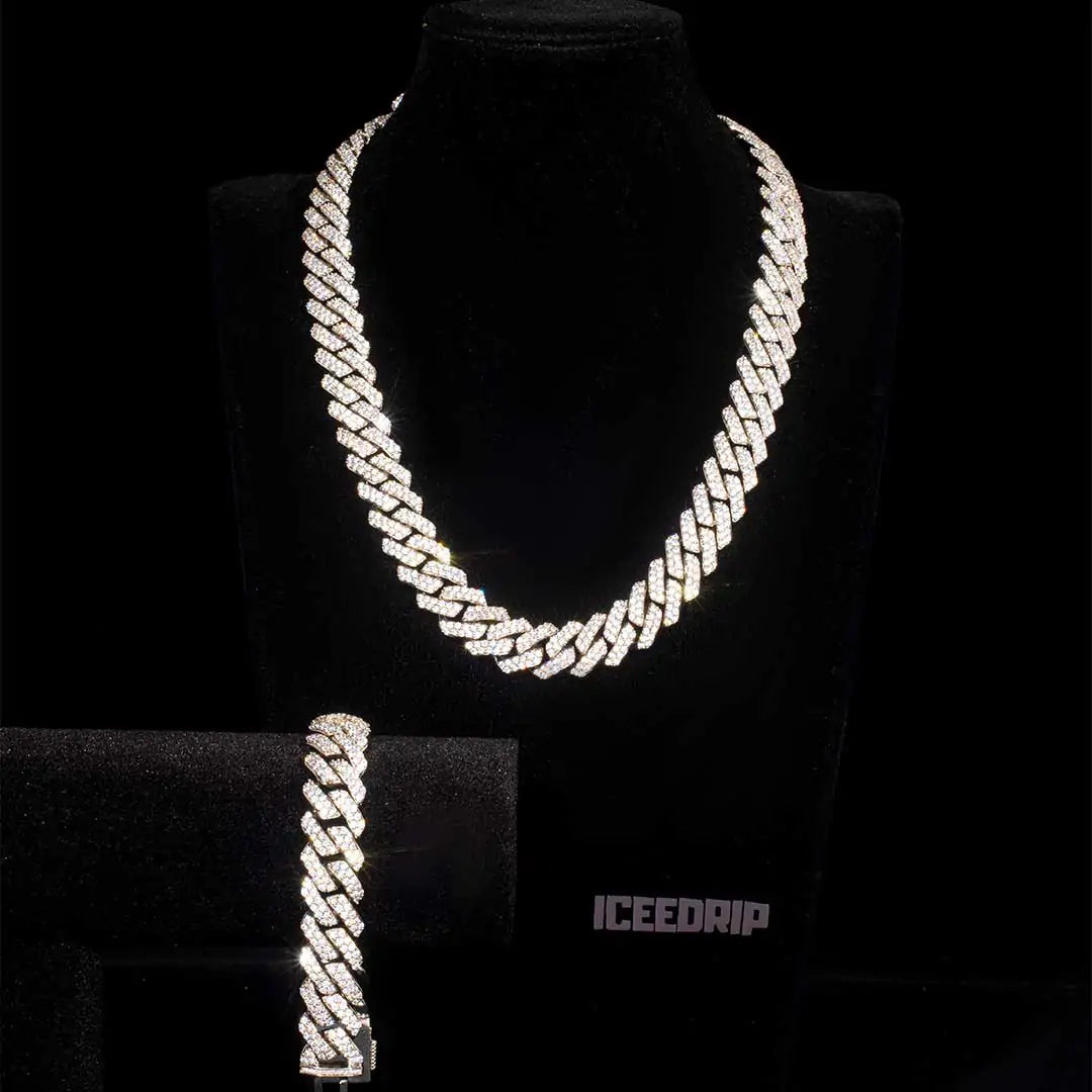 Bundle 14MM 2-Row Prong Cuban Link Necklace+Bracelet in White Gold ICEEDRIP