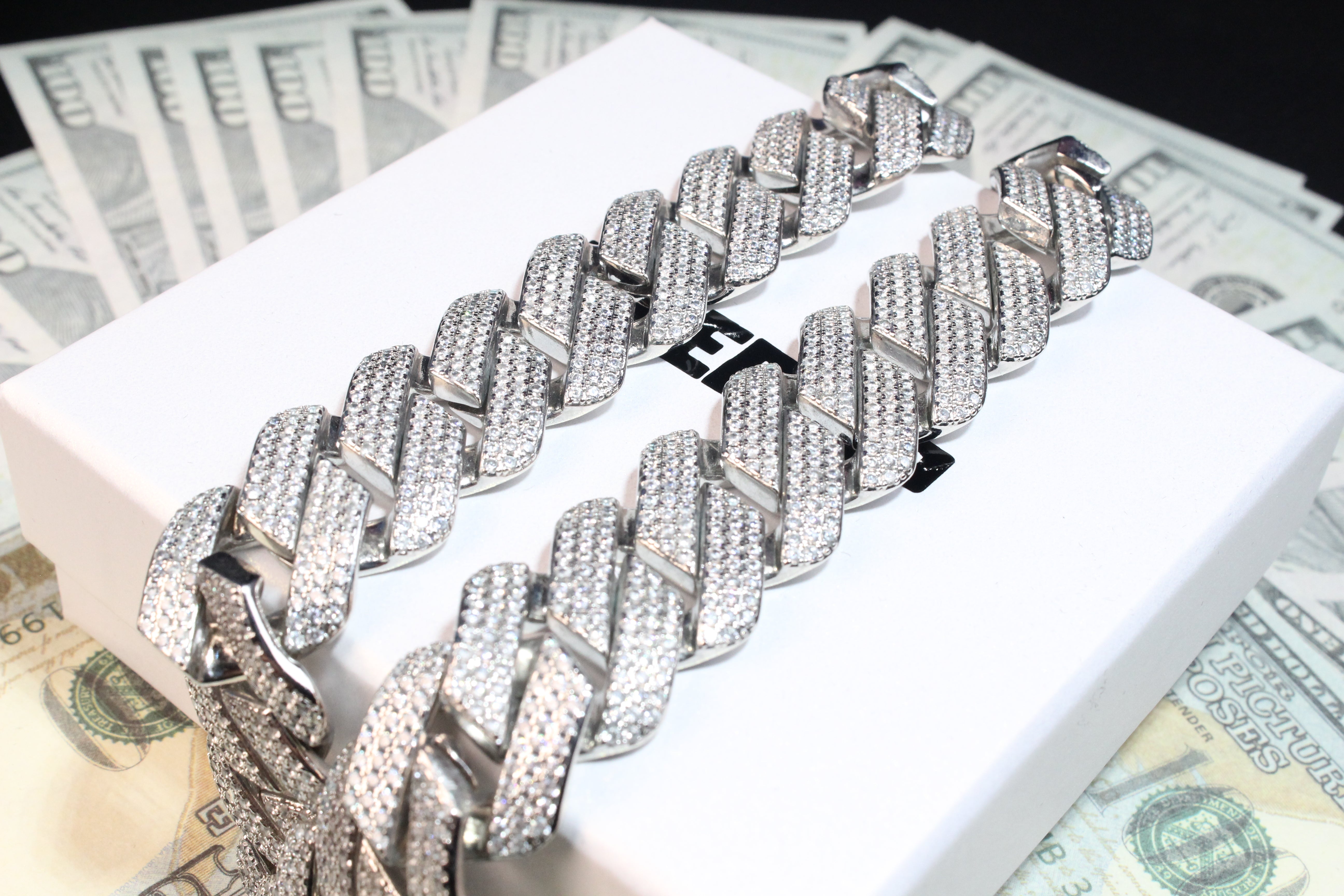 19MM 3-Row Iced Out Prong Cuban Link Chain in White Gold