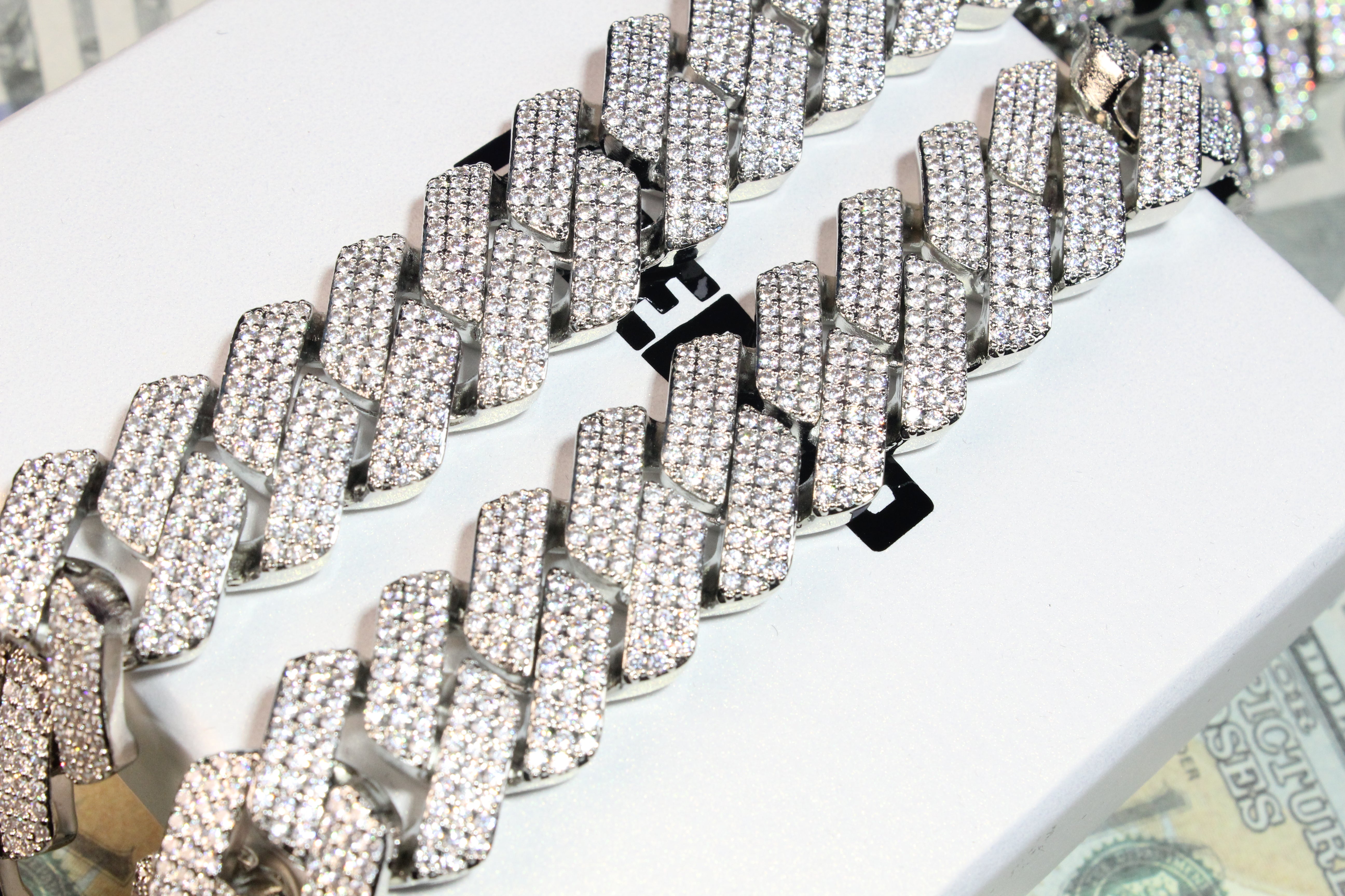 19MM 3-Row Iced Out Prong Cuban Link Chain in White Gold