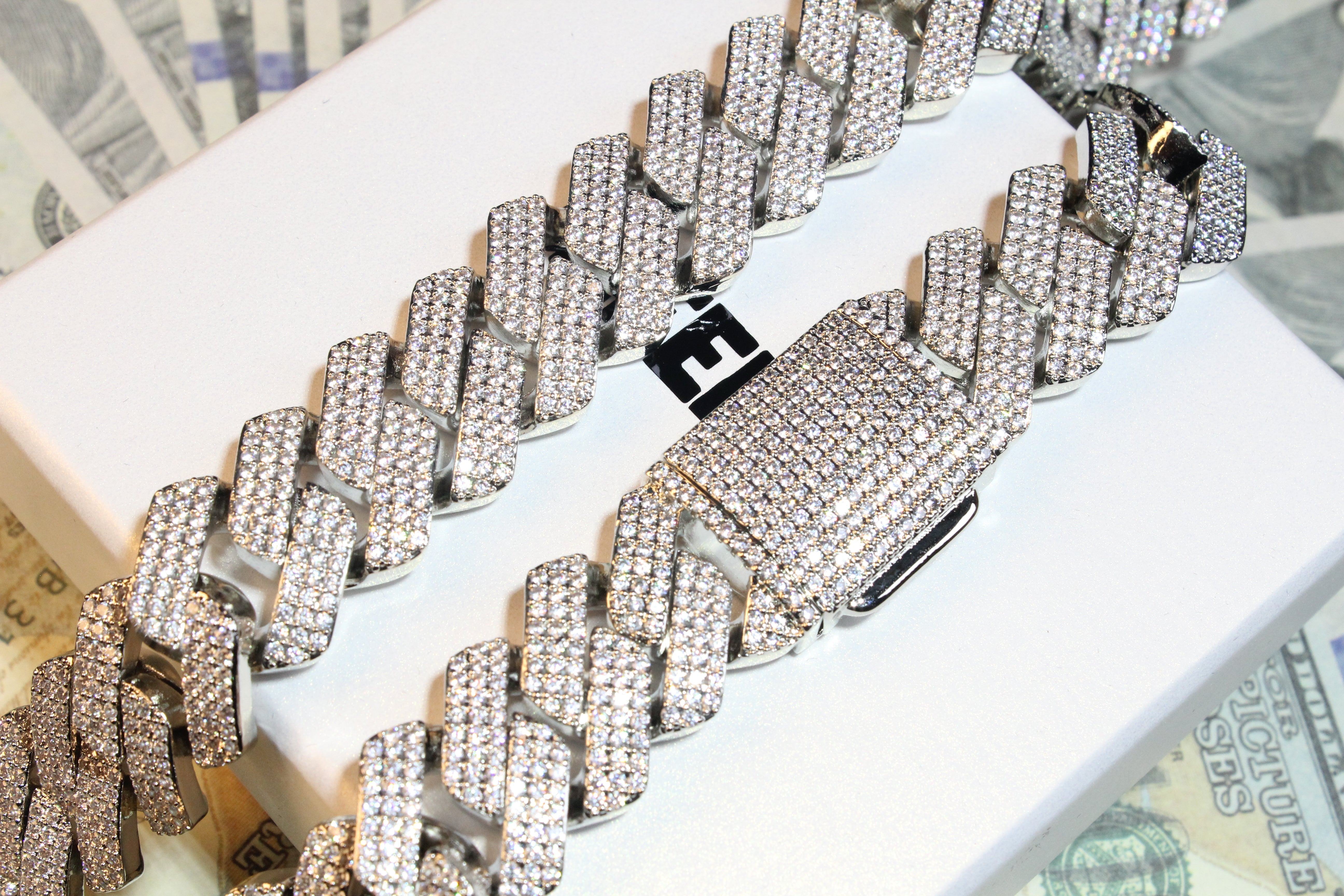 19MM 3-Row Iced Out Prong Cuban Link Chain in White Gold