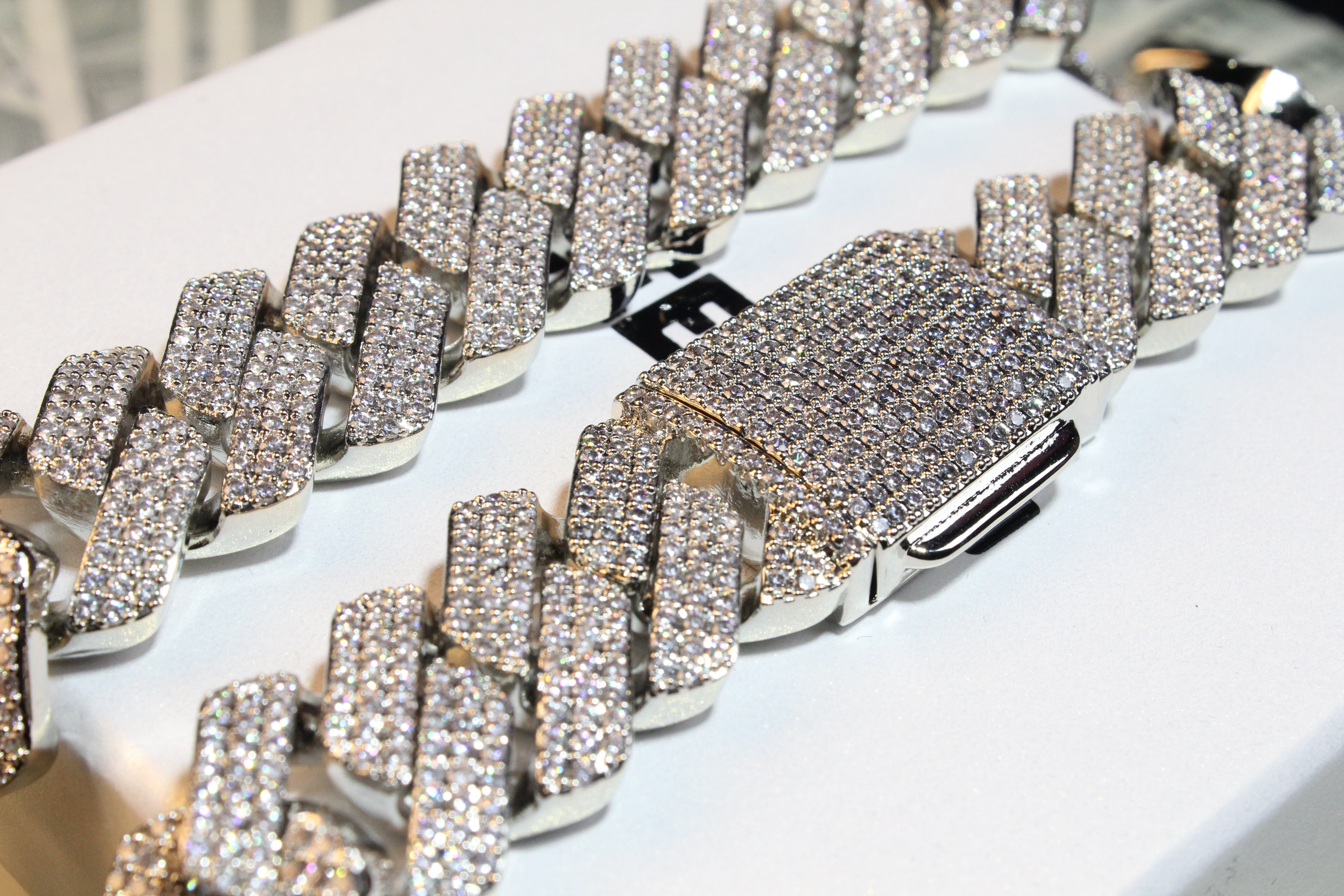 19MM 3-Row Iced Out Prong Cuban Link Chain in White Gold