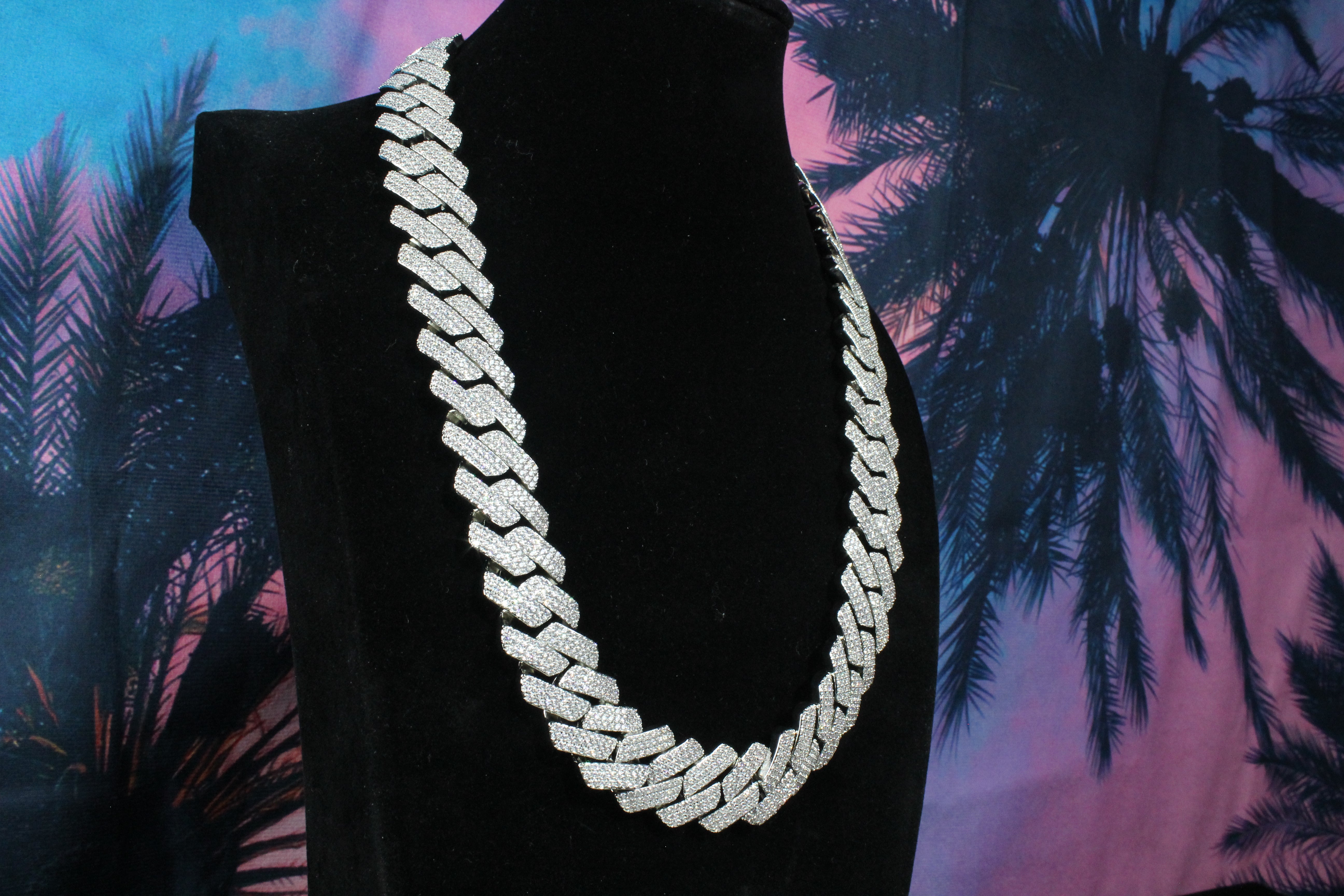 19MM 3-Row Iced Out Prong Cuban Link Chain in White Gold