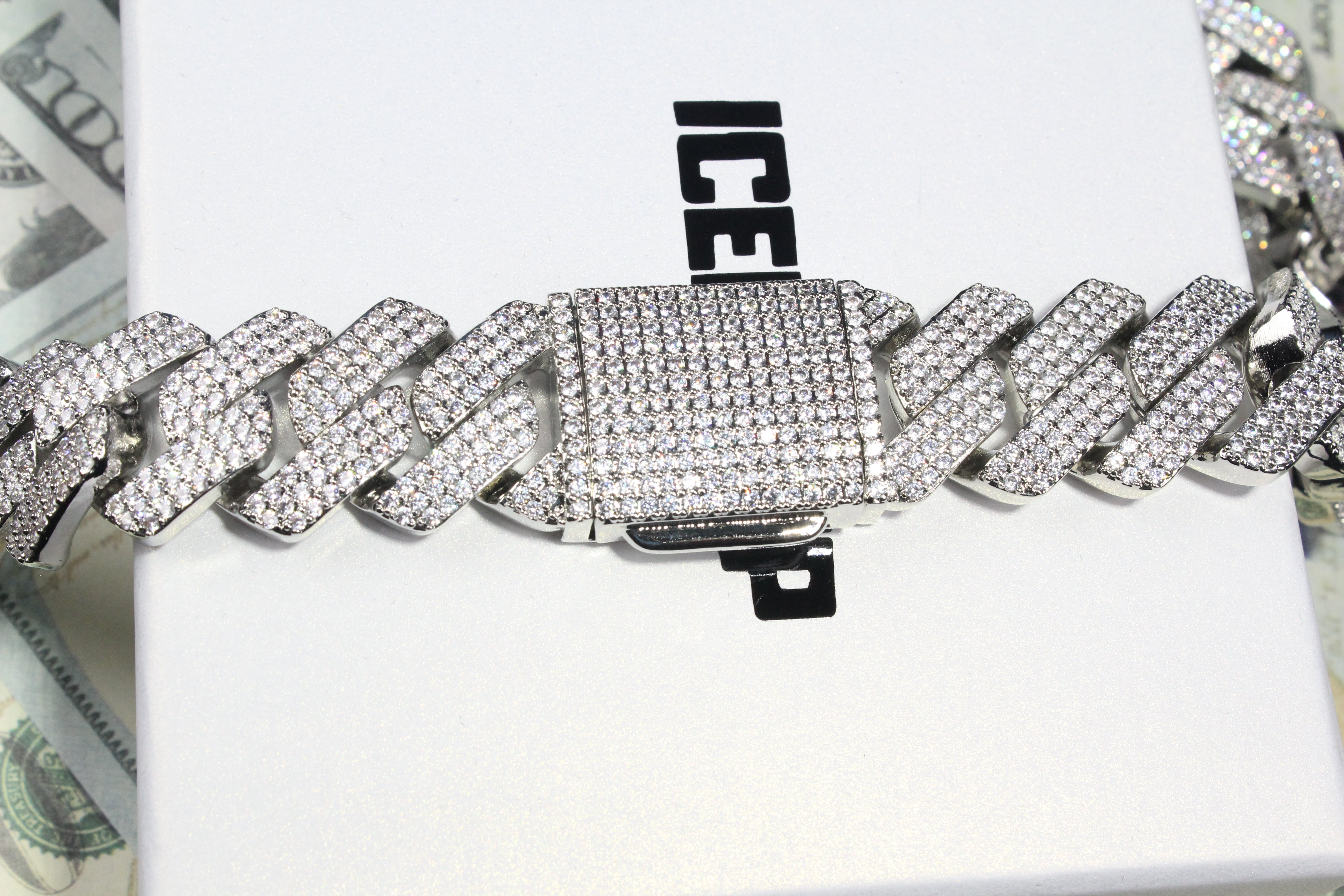 19MM 3-Row Iced Out Prong Cuban Link Chain in White Gold