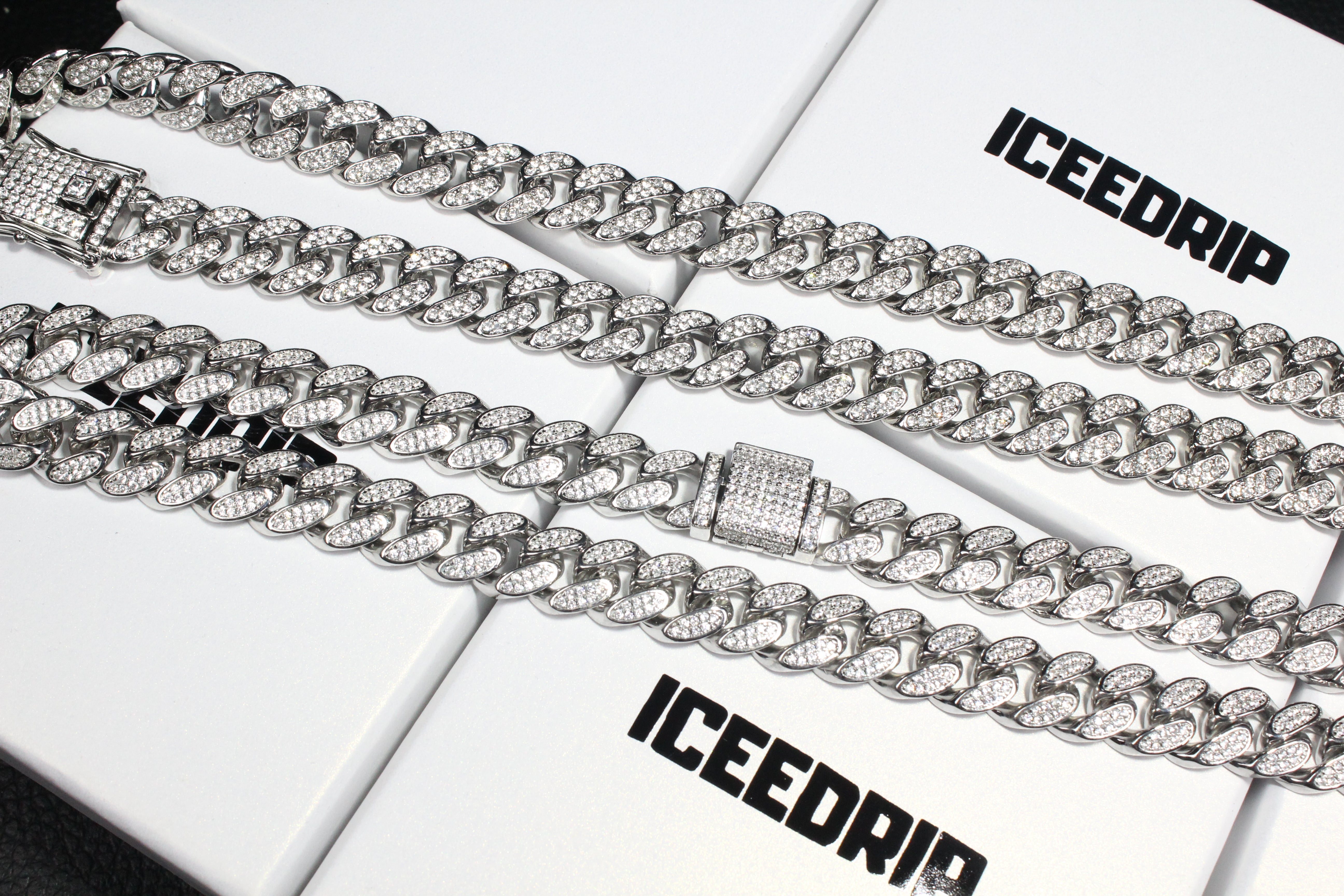 12mm Box Clasp Iced Cuban Link Chain in White Gold