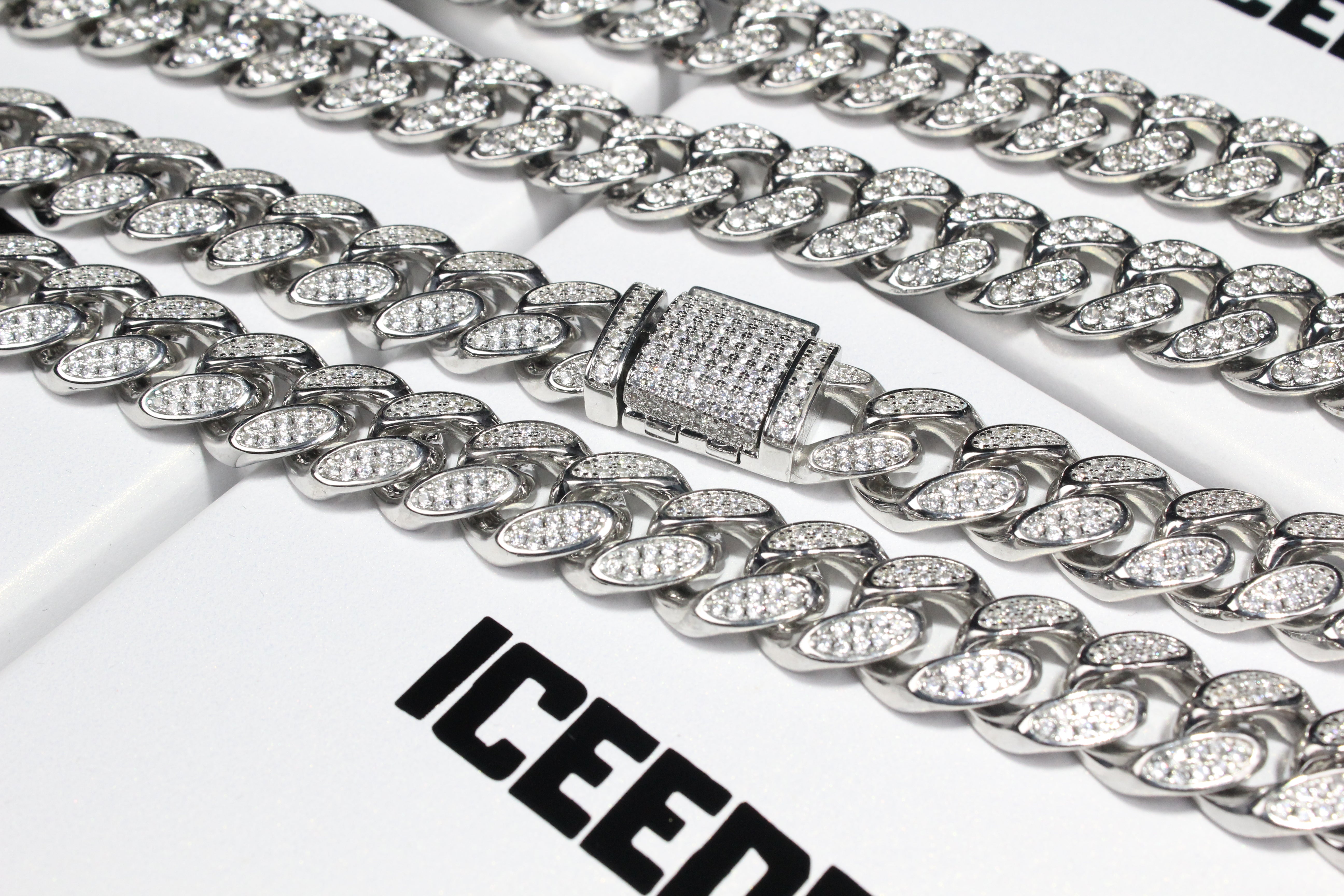 12mm Box Clasp Iced Cuban Link Chain in White Gold