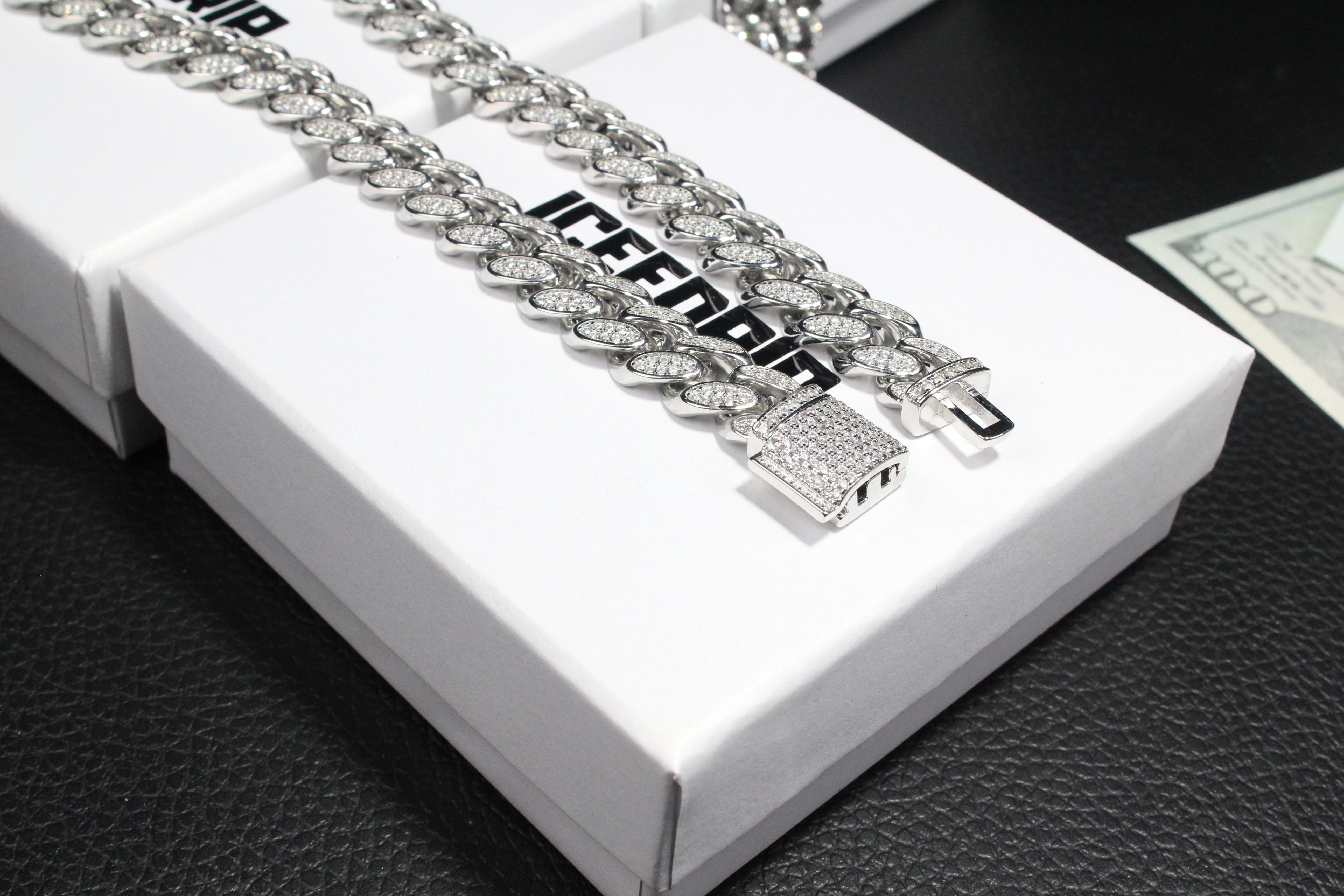 12mm Box Clasp Iced Cuban Link Chain in White Gold