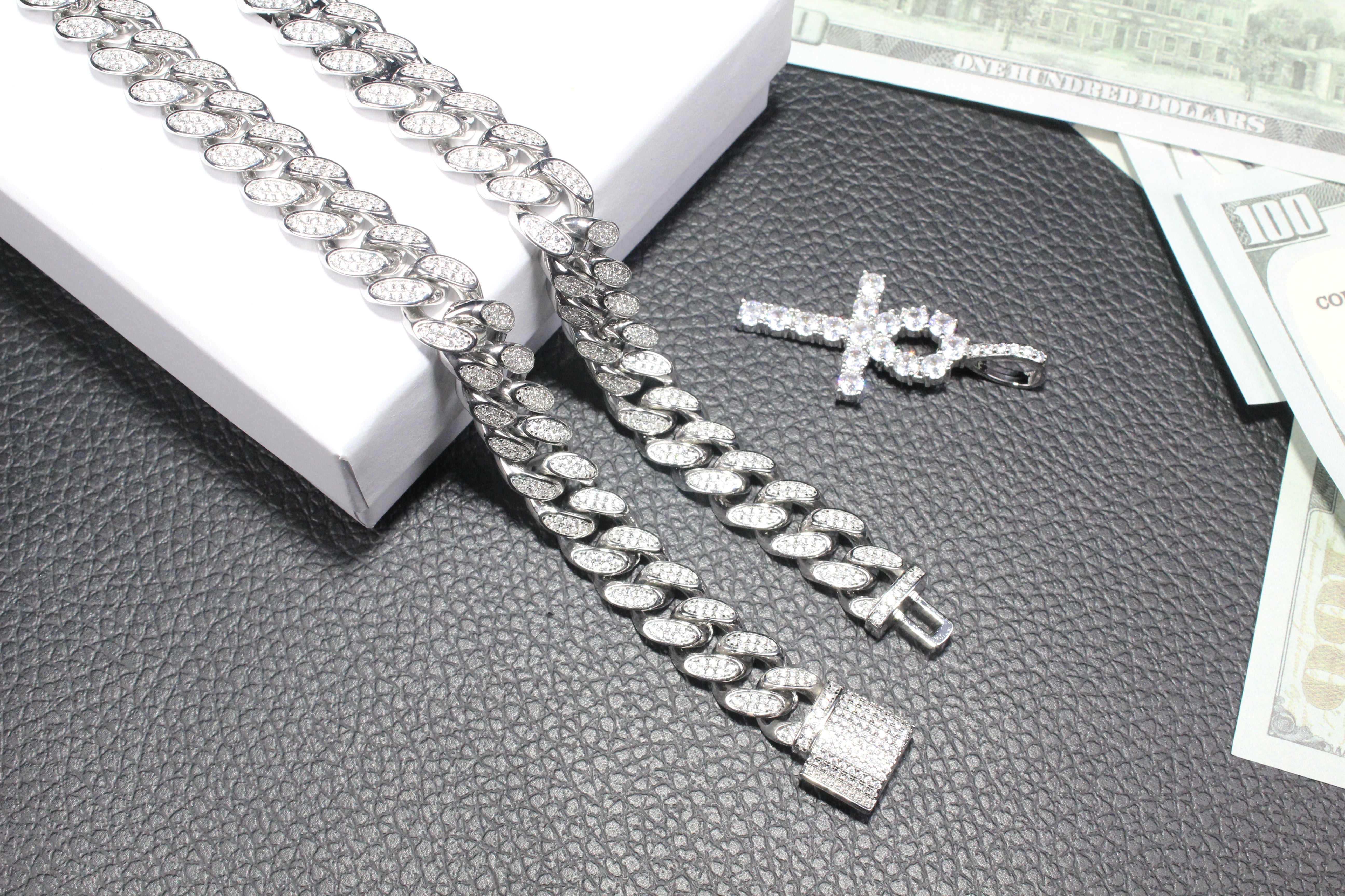 12mm Box Clasp Iced Cuban Link Chain in White Gold