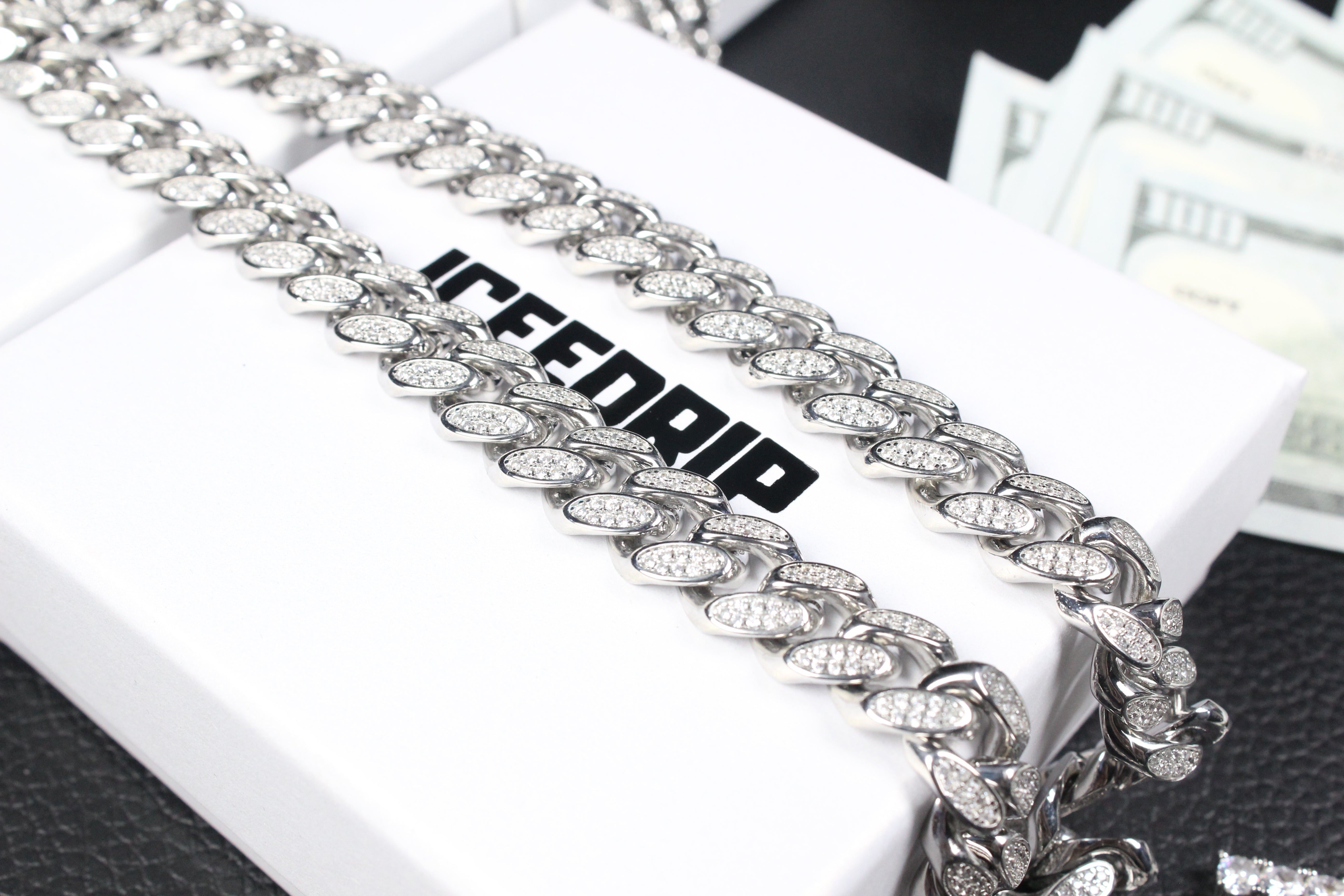 12mm Box Clasp Iced Cuban Link Chain in White Gold