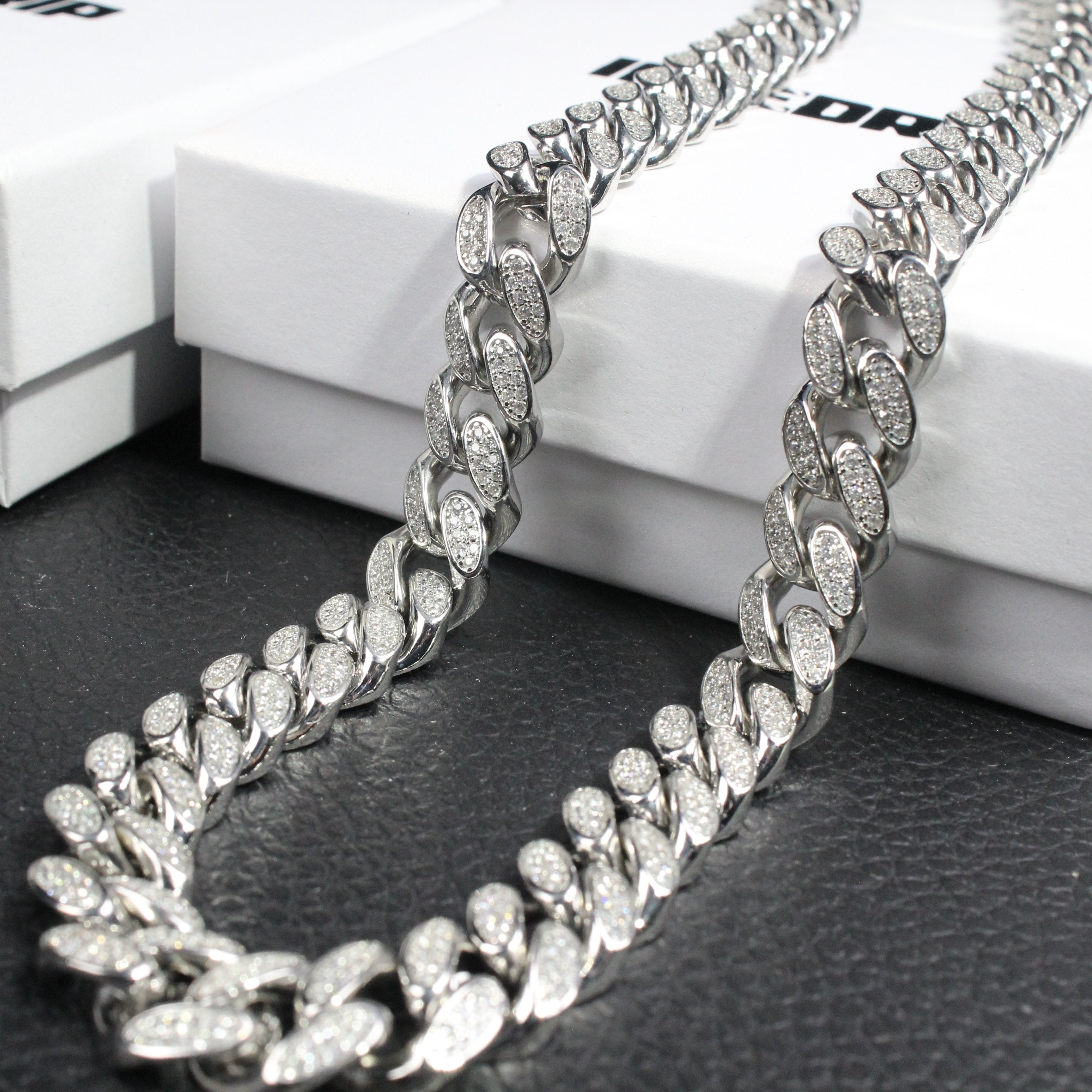 12mm Box Clasp Iced Cuban Link Chain in White Gold