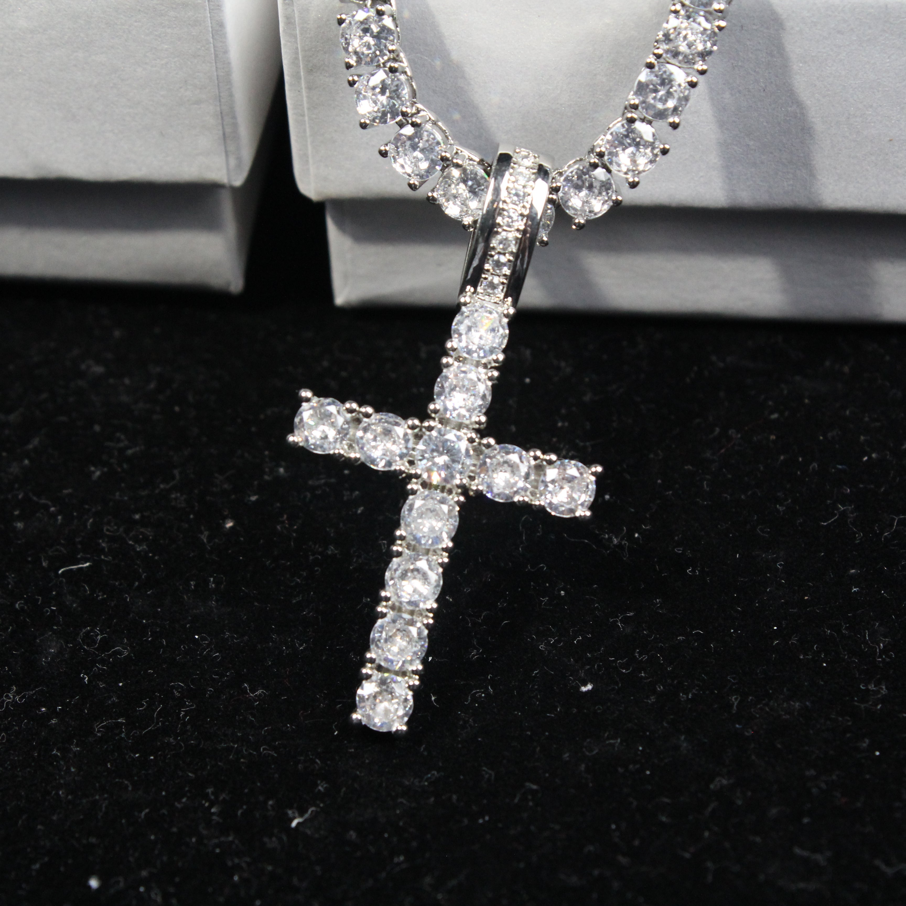 Bundle White Gold Cross + 4mm Tennis Chain