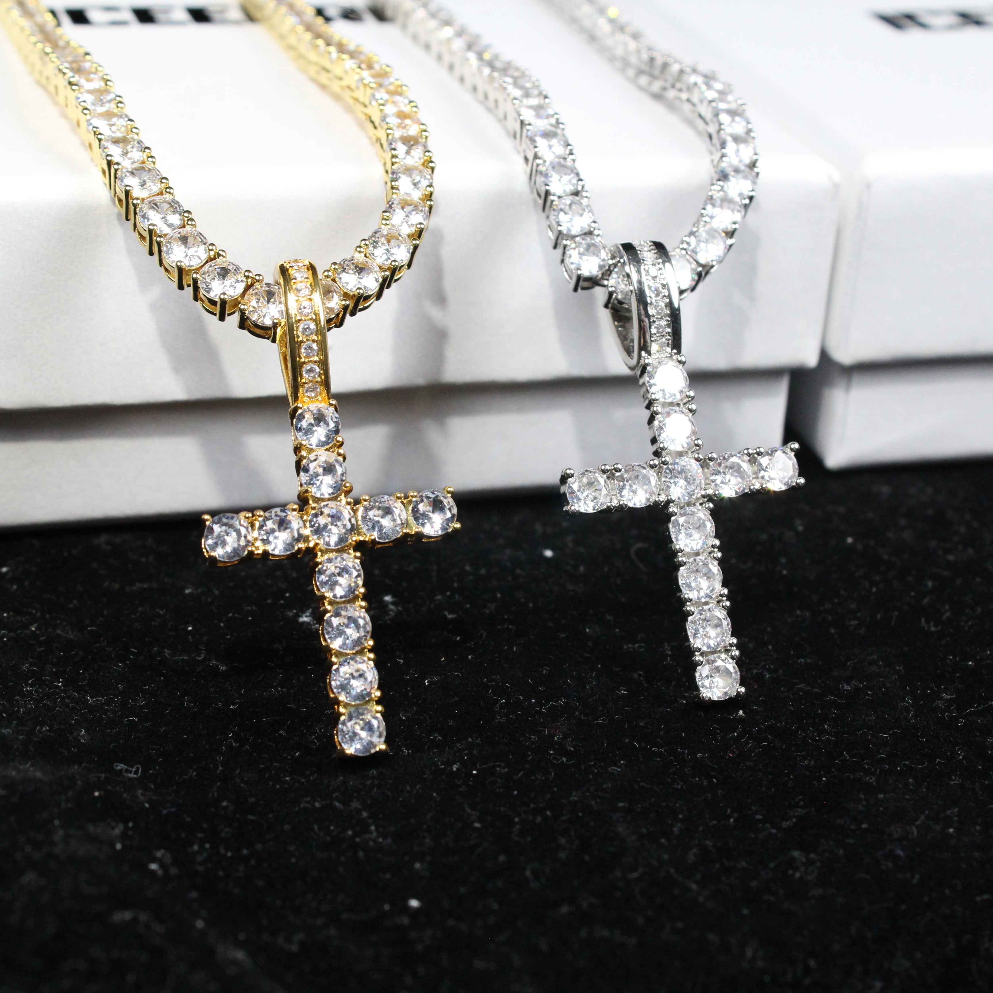 Bundle White Gold Cross + 4mm Tennis Chain