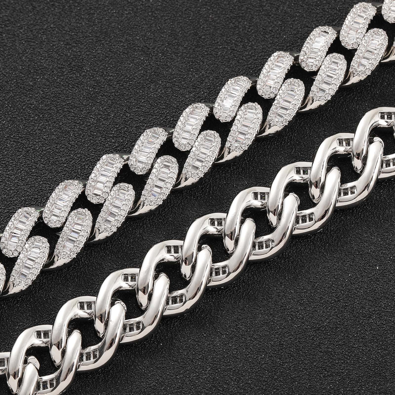 15.5mm Baguette & Round Cuban Bracelet In 18k White Gold