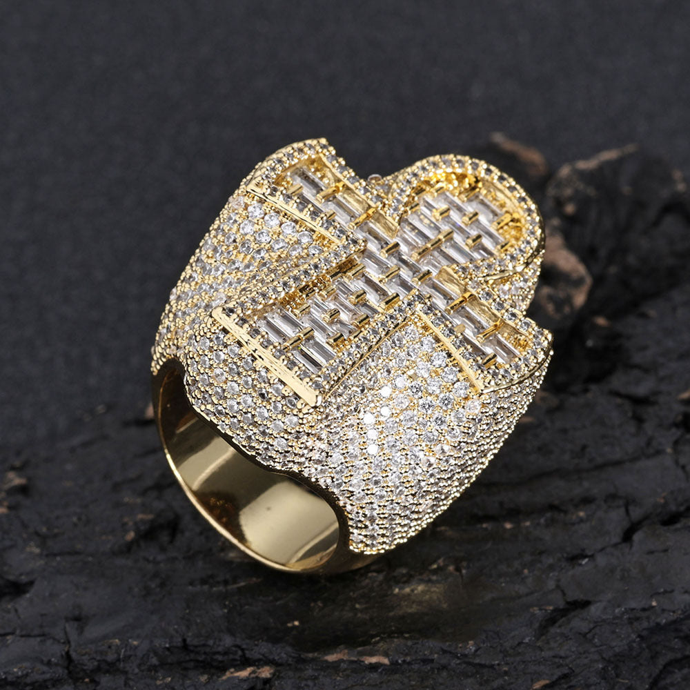 18K Gold Plated Iced Out Baguette Cross Ring