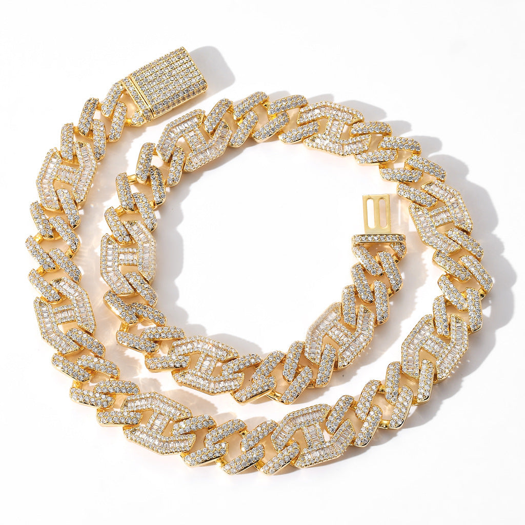 15mm 18K Gold Prong Baguette Curb Chain