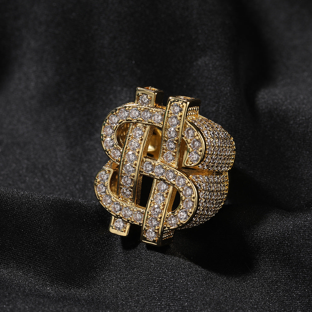 18K Gold-Plated Iced Hollow US Dollar Ring