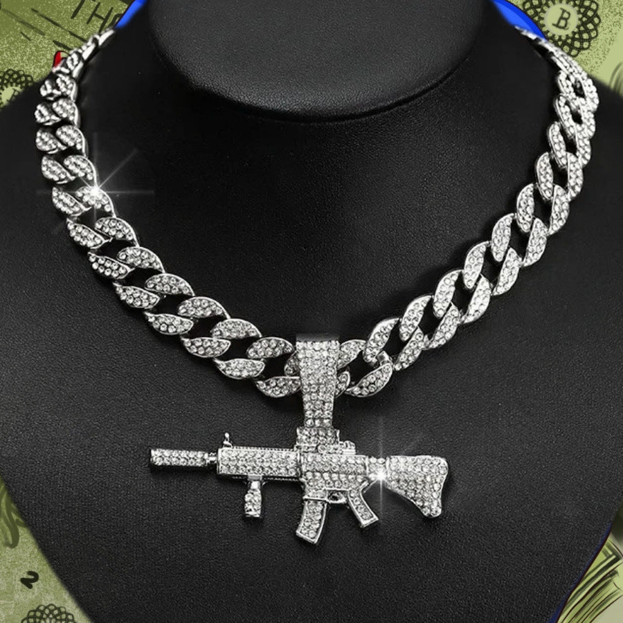 M4 Carbine Gun Iced Pendant In WhiteGold-Plated