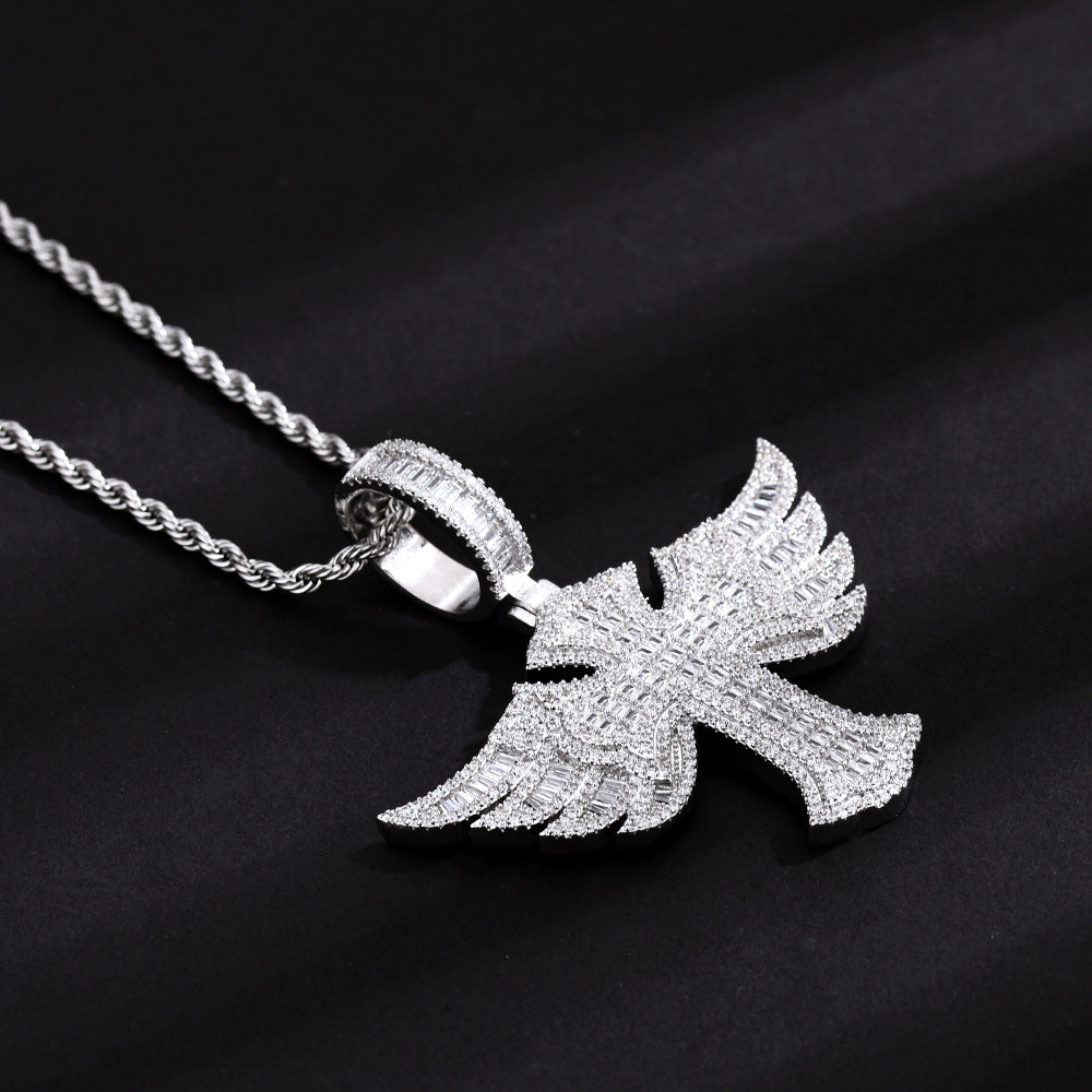 New Baguette Iced Cross With Wing Pendant