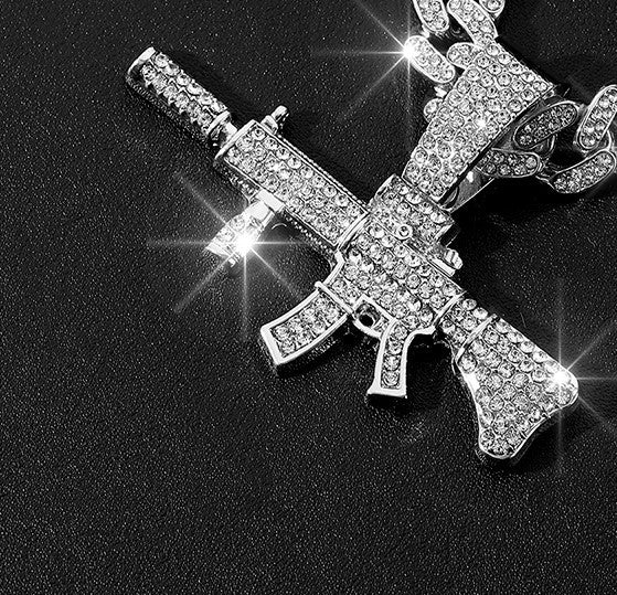 M4 Carbine Gun Iced Pendant In WhiteGold-Plated