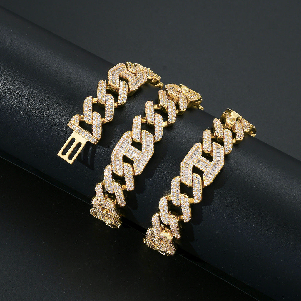 15mm 18K Gold Prong Baguette Curb Chain