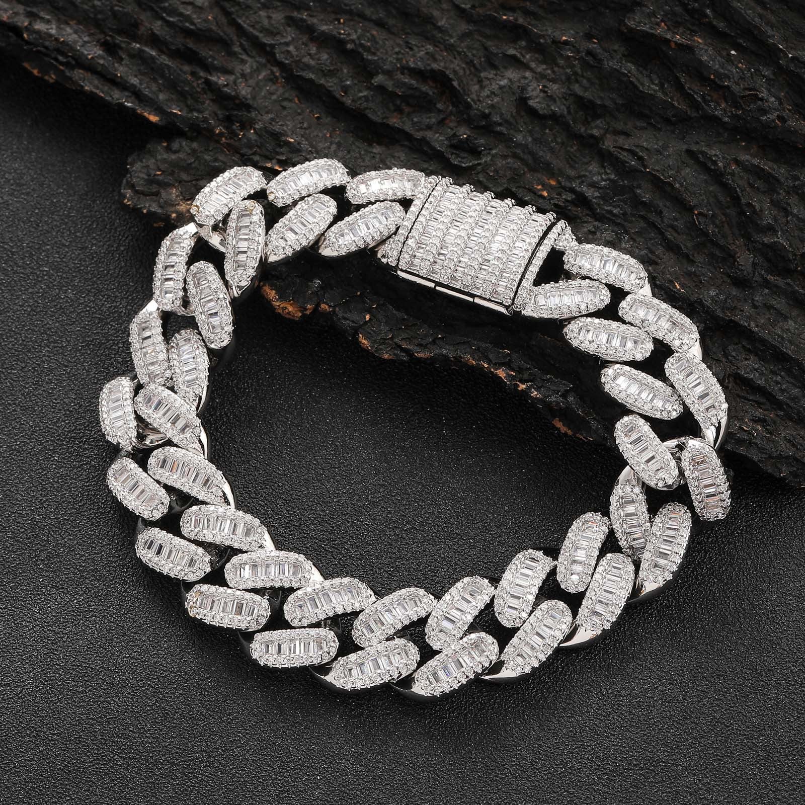 15.5mm Baguette & Round Cuban Bracelet In 18k White Gold