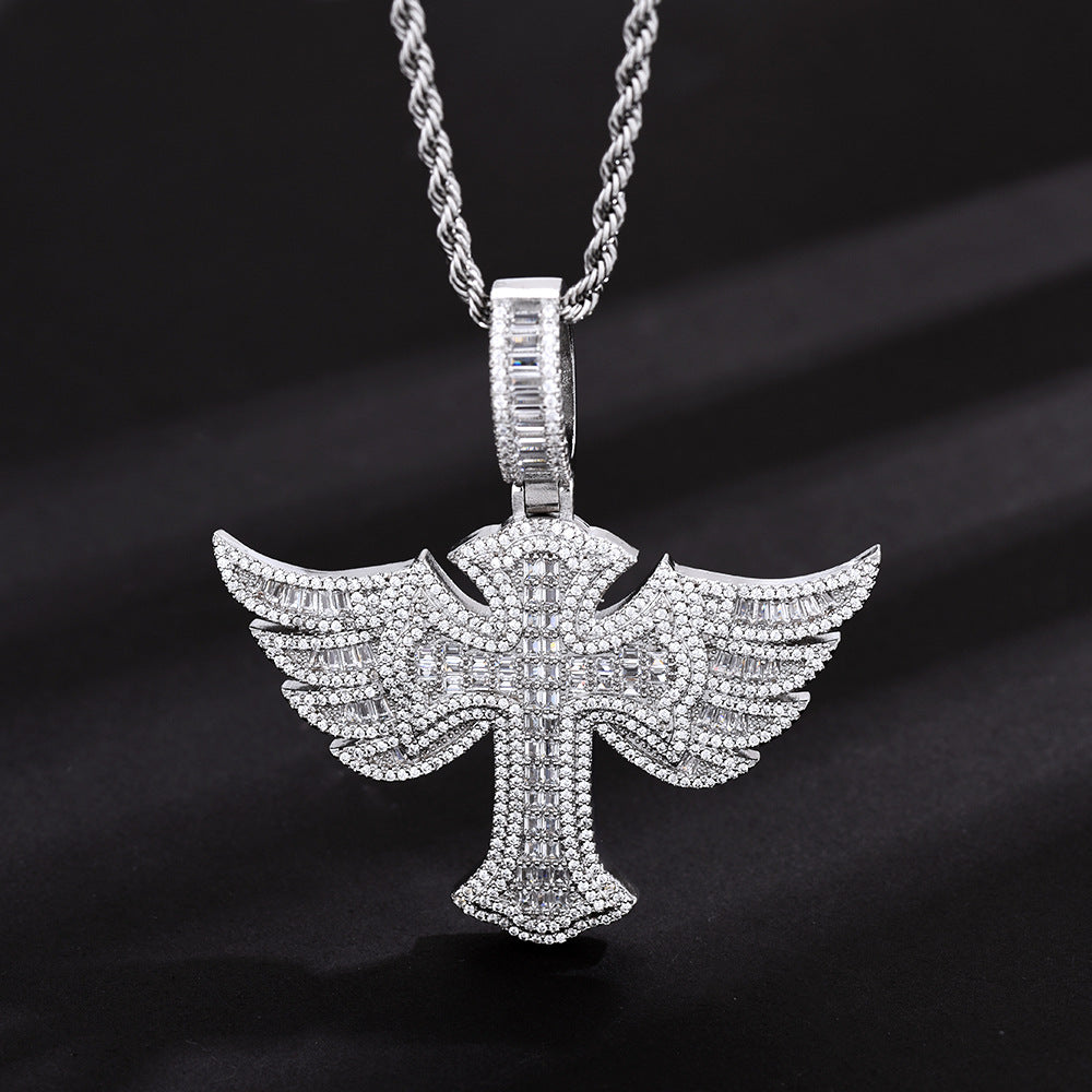 New Baguette Iced Cross With Wing Pendant