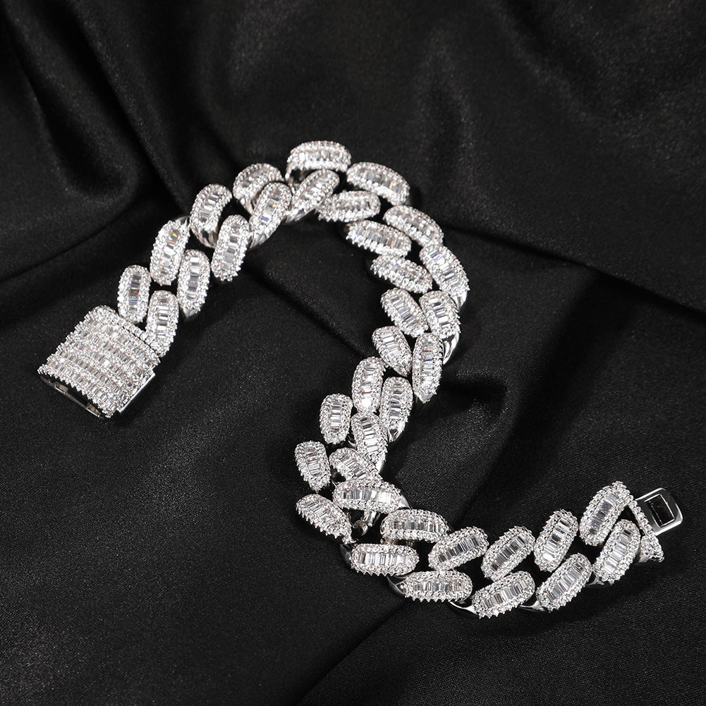 15.5mm Baguette & Round Cuban Bracelet In 18k White Gold