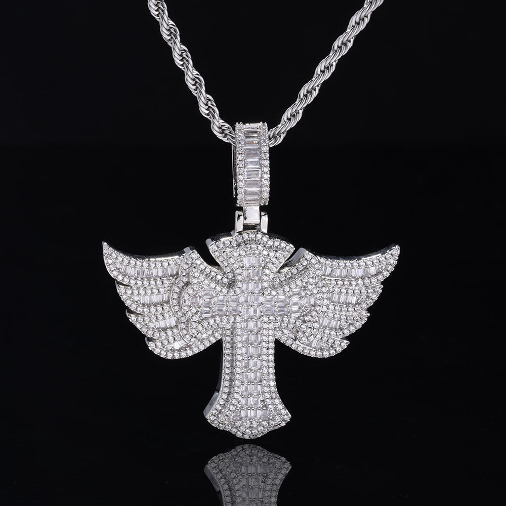 New Baguette Iced Cross With Wing Pendant