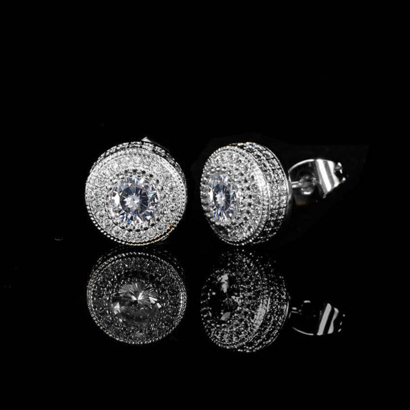 925 Sterling Gold-Plated/Silver Iced Round Shape Hip Hop Earrings