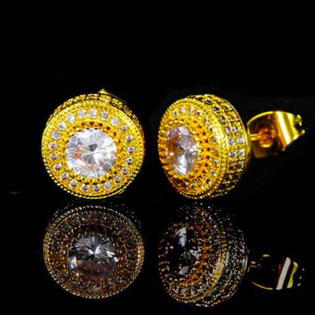 925 Sterling Gold-Plated/Silver Iced Round Shape Hip Hop Earrings