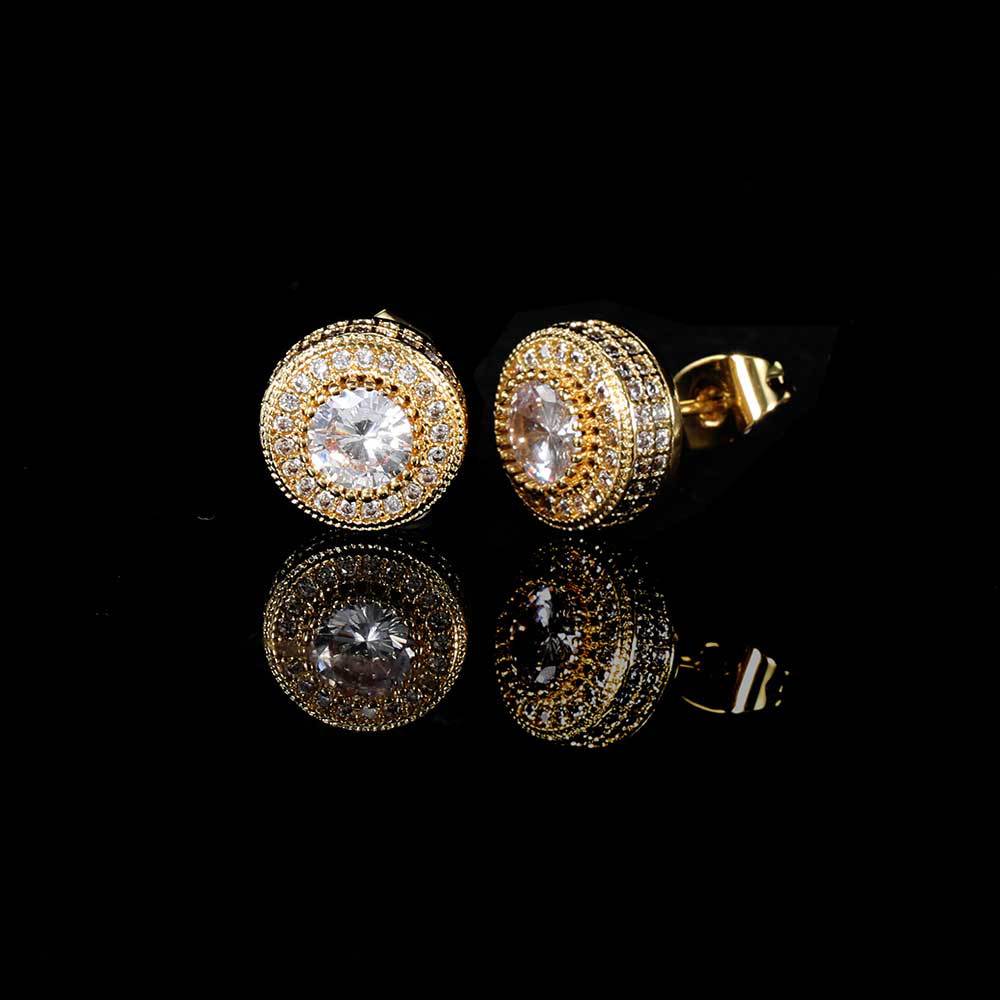 925 Sterling Gold-Plated/Silver Iced Round Shape Hip Hop Earrings