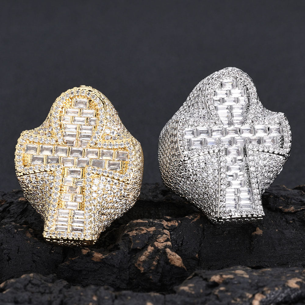 18K Gold Plated Iced Out Baguette Cross Ring