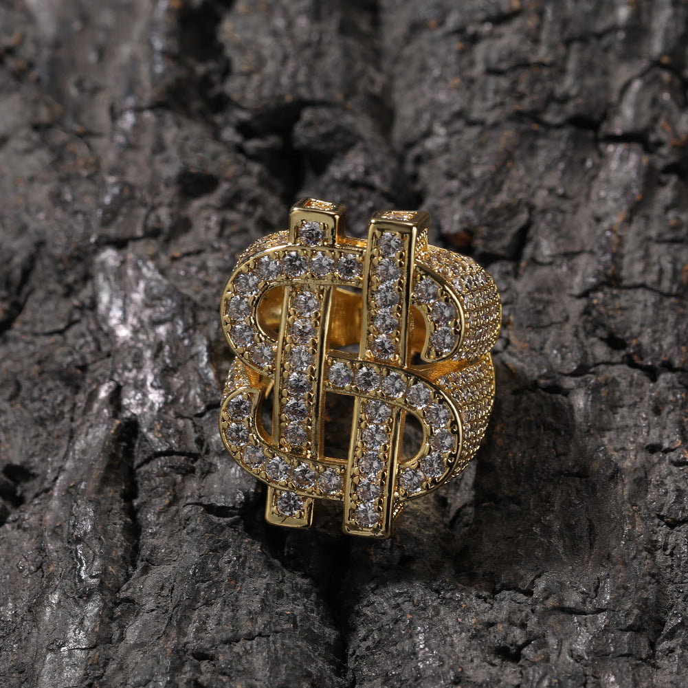 18K Gold-Plated Iced Hollow US Dollar Ring