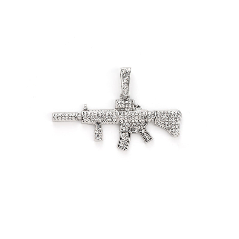 M4 Carbine Gun Iced Pendant In WhiteGold-Plated