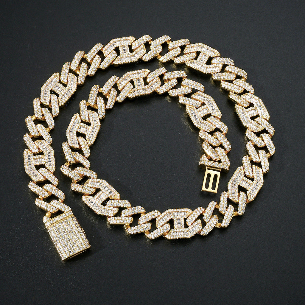 15mm 18K Gold Prong Baguette Curb Chain