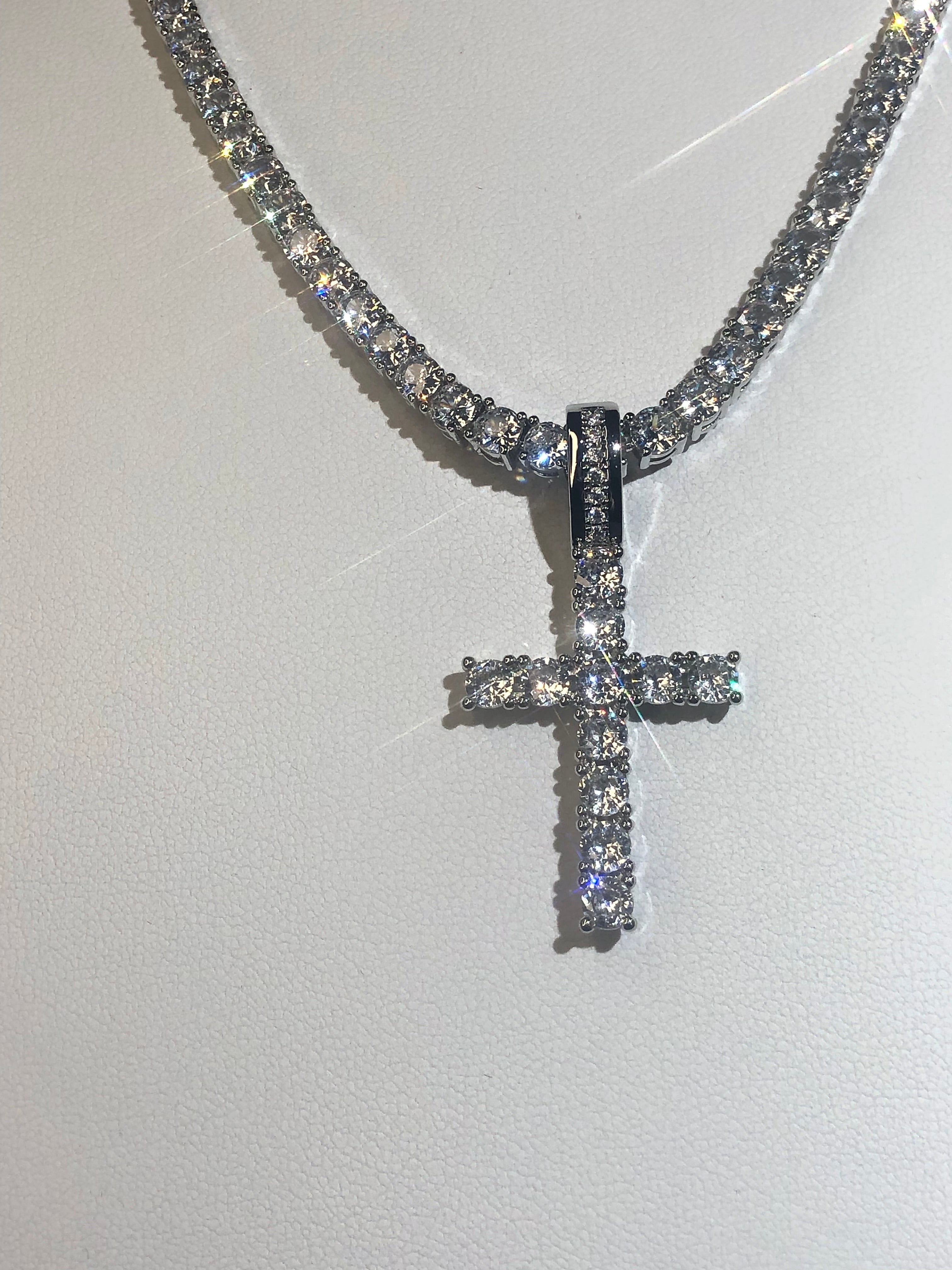 Bundle Bling Cross Pendant and 4mm Tennis Chain in White Gold